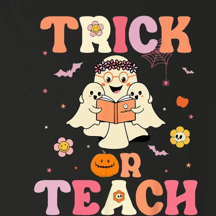 Groovy Trick Or Teach Retro Floral Ghost Halloween Teacher Toddler Long Sleeve Shirt