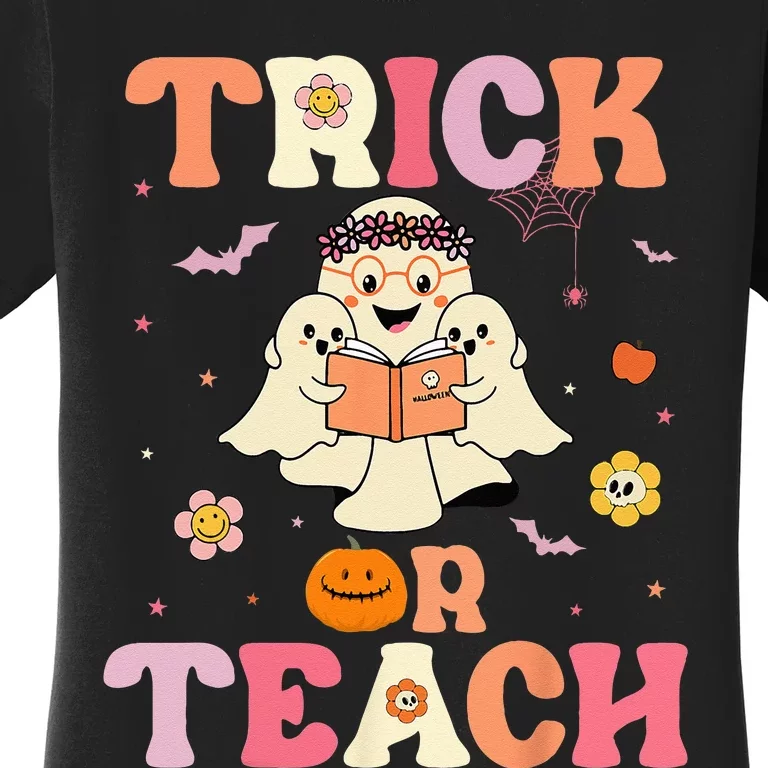 Groovy Trick Or Teach Retro Floral Ghost Halloween Teacher Women's T-Shirt