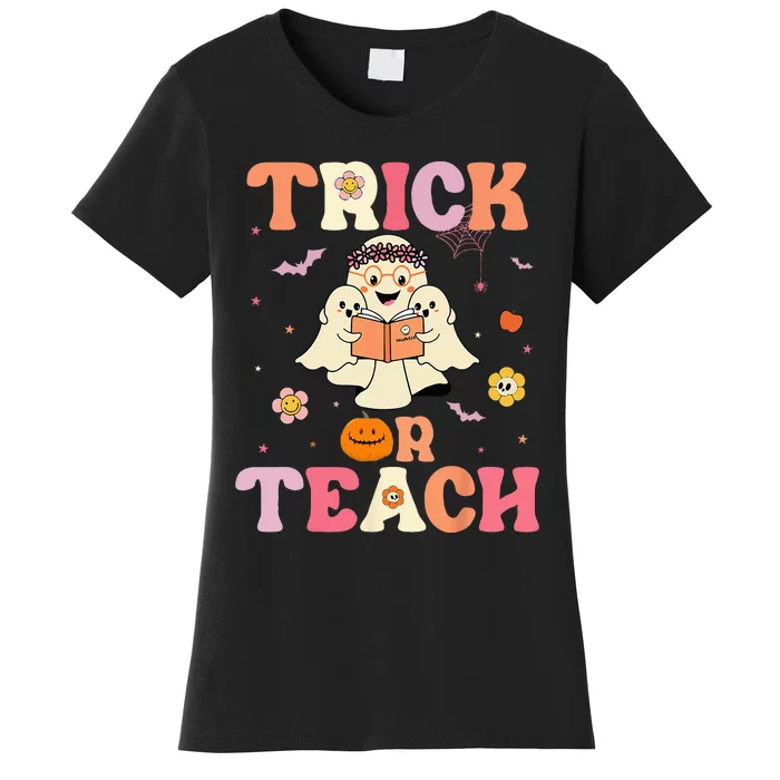 Groovy Trick Or Teach Retro Floral Ghost Halloween Teacher Women's T-Shirt