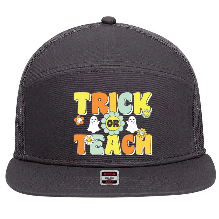 Groovy Trick Or Teach Halloween Teacher Life Retro Vintage 7 Panel Mesh Trucker Snapback Hat