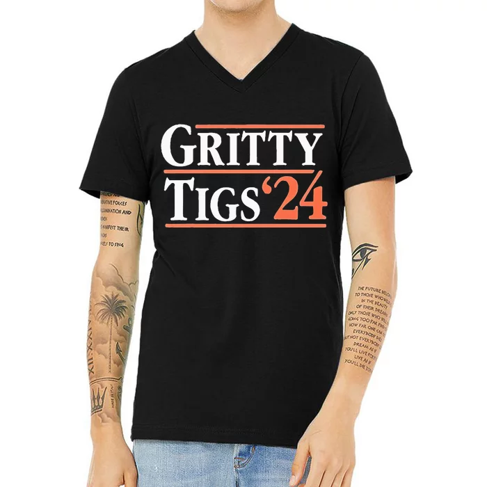 Gritty Tigs October Ready 2024 Playoff Baseball Season V-Neck T-Shirt