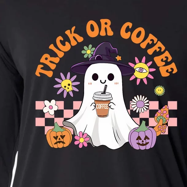 Groovy Trick Or Coffee Floral Ghost Halloween Spooky Cooling Performance Long Sleeve Crew