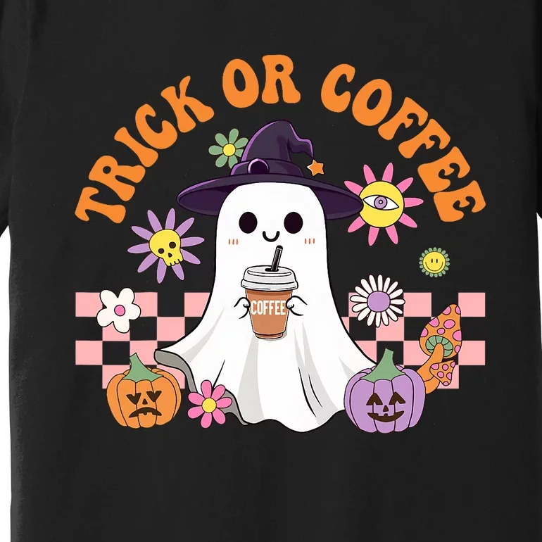 Groovy Trick Or Coffee Floral Ghost Halloween Spooky Premium T-Shirt