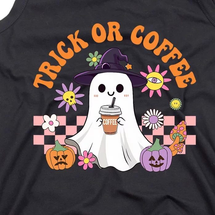 Groovy Trick Or Coffee Floral Ghost Halloween Spooky Tank Top