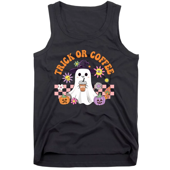 Groovy Trick Or Coffee Floral Ghost Halloween Spooky Tank Top