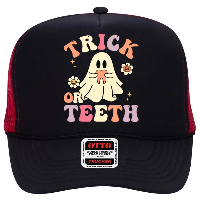 Groovy Trick Or Teeth Funny Dental Halloween Dentist Costume Gift High Crown Mesh Trucker Hat