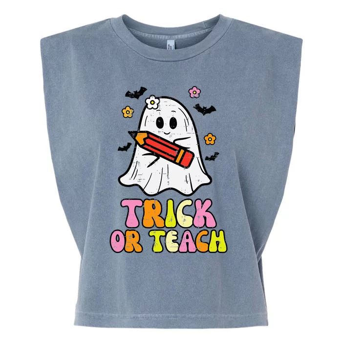 Ghost Trick Or Teach Retro Teacher Halloween Costume Garment-Dyed Women's Muscle Tee