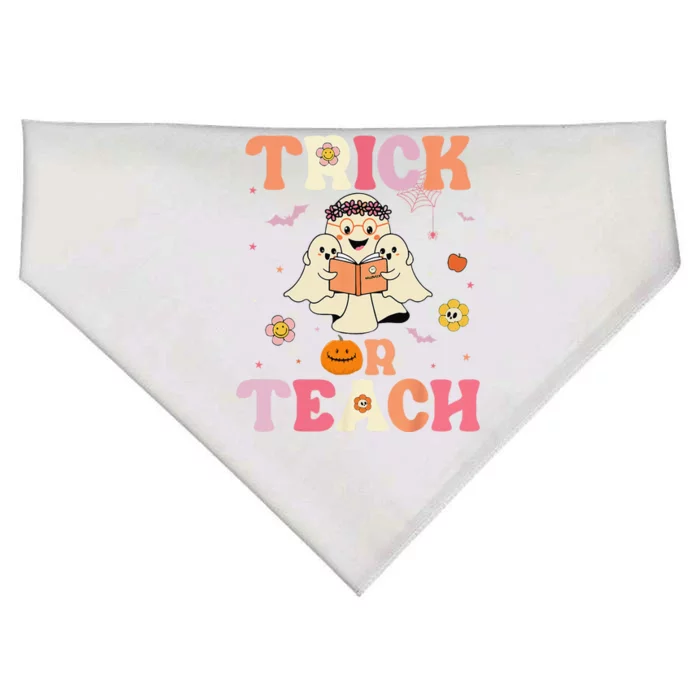 Groovy Trick Or Teach Retro Floral Ghost Halloween Teacher USA-Made Doggie Bandana