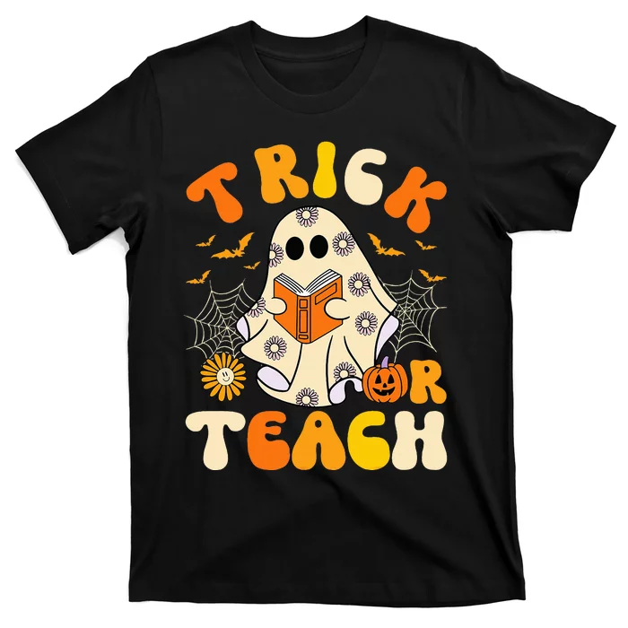 Groovy Trick Or Teach Halloween Retro Floral Ghost Teacher T-Shirt