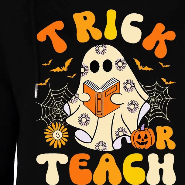 Groovy Trick Or Teach Halloween Retro Floral Ghost Teacher Womens Funnel Neck Pullover Hood