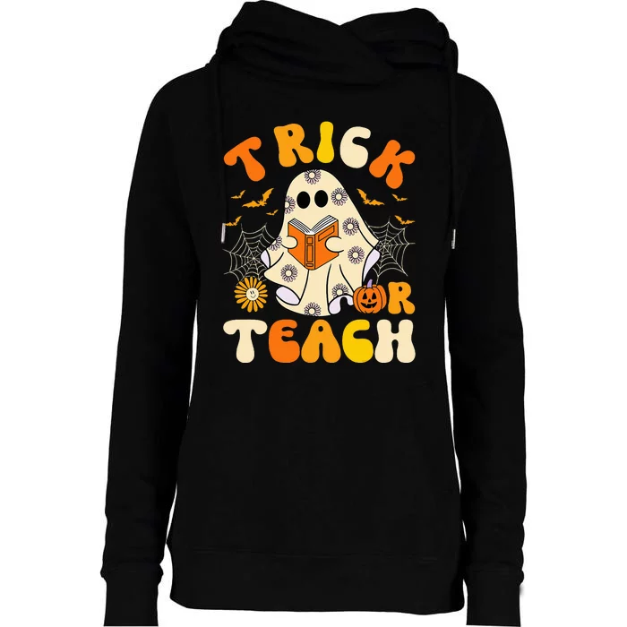 Groovy Trick Or Teach Halloween Retro Floral Ghost Teacher Womens Funnel Neck Pullover Hood