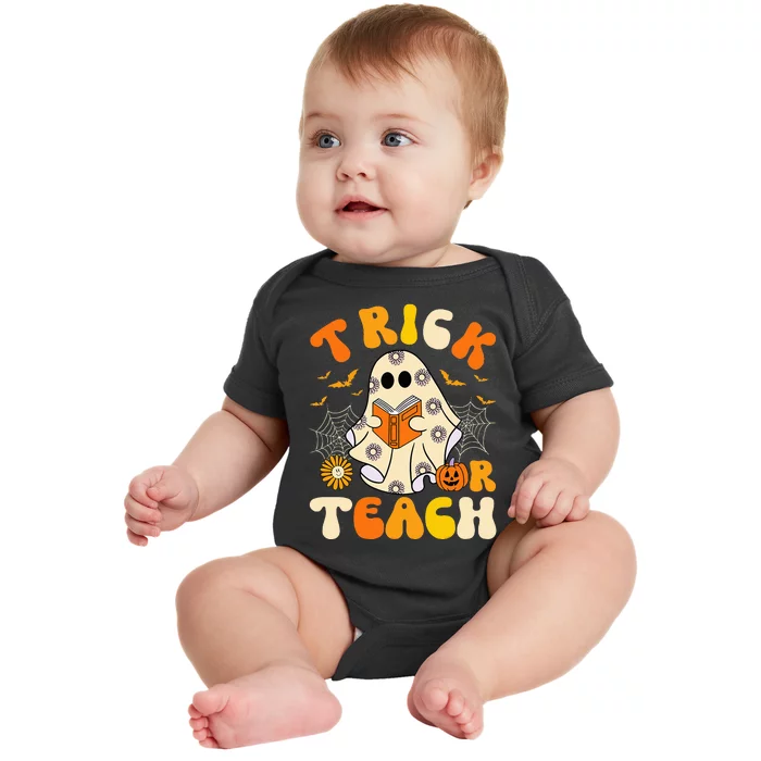 Groovy Trick Or Teach Halloween Retro Floral Ghost Teacher Baby Bodysuit