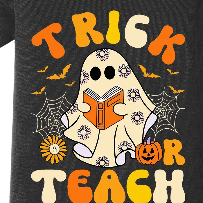 Groovy Trick Or Teach Halloween Retro Floral Ghost Teacher Baby Bodysuit