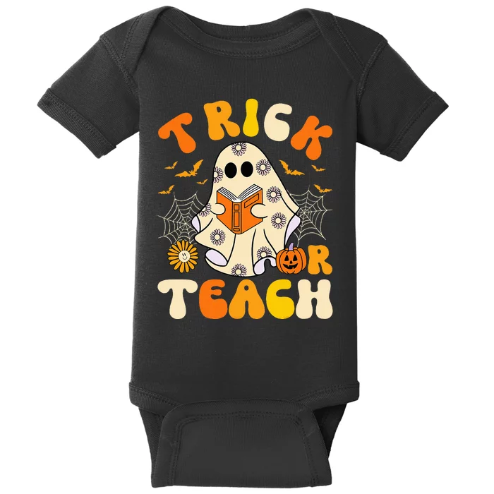 Groovy Trick Or Teach Halloween Retro Floral Ghost Teacher Baby Bodysuit