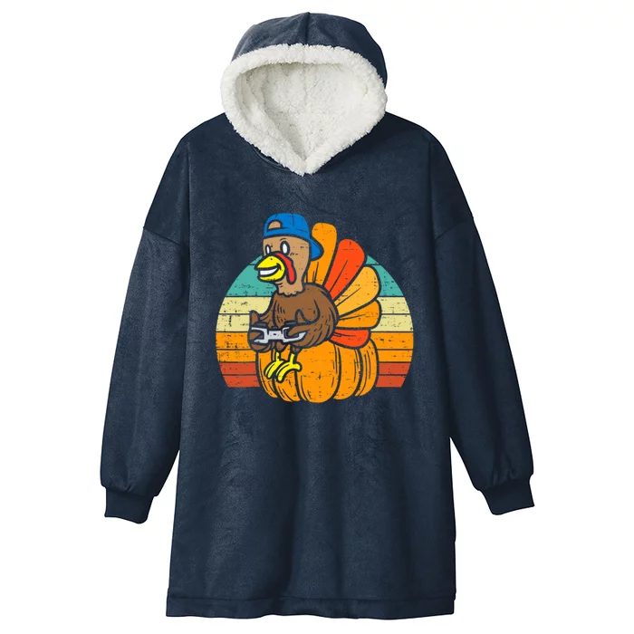 Gamer Turkey Pumpkin Retro Thanksgiving Video Games Gift Hooded Wearable Blanket