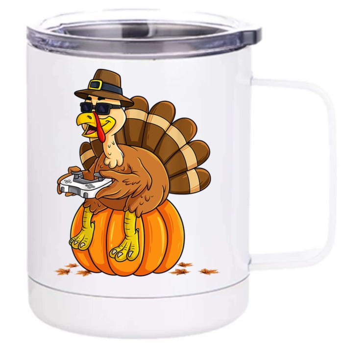 Gamer Turkey Pumpkin Retro Thanksgiving Video Games Cool Gift Front & Back 12oz Stainless Steel Tumbler Cup