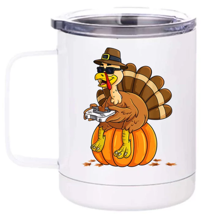 Gamer Turkey Pumpkin Retro Thanksgiving Video Games Cool Gift Front & Back 12oz Stainless Steel Tumbler Cup