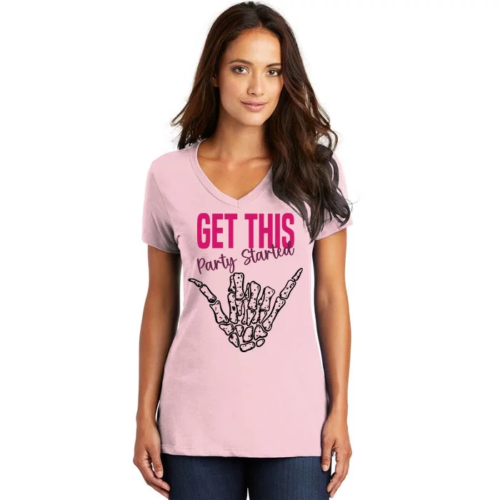 Get This Party Started Rock Skeleton Women's V-Neck T-Shirt