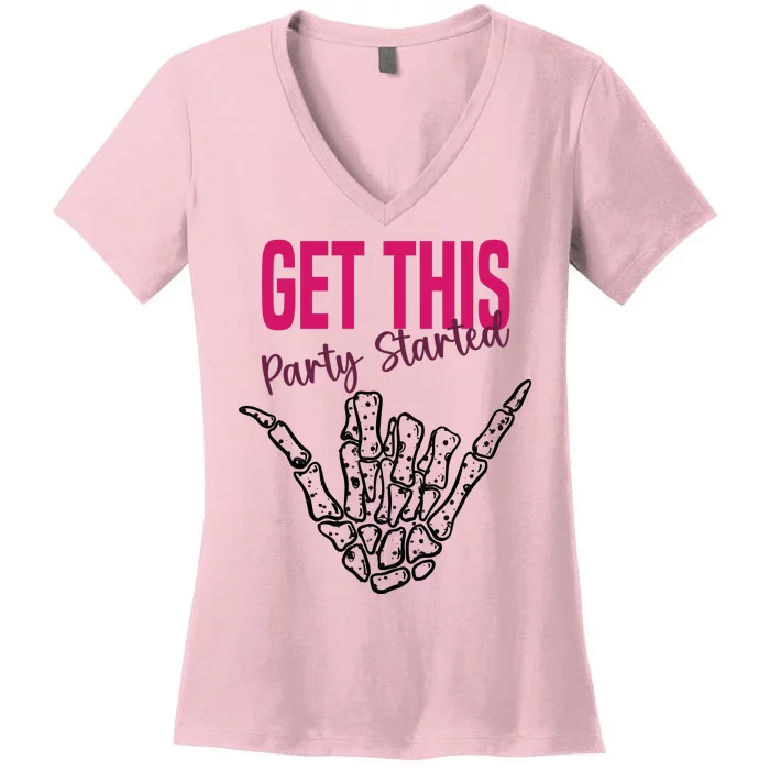 Get This Party Started Rock Skeleton Women's V-Neck T-Shirt