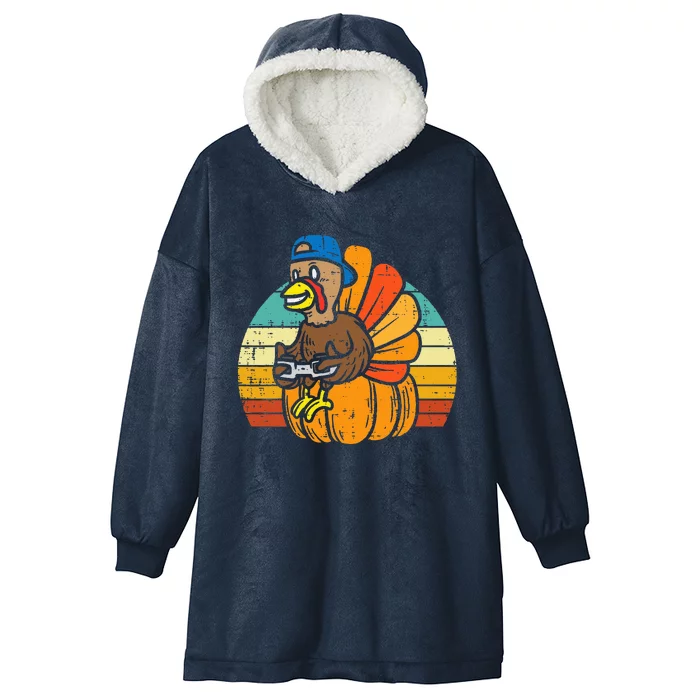 Gamer Turkey Pumpkin Retro  Thanksgiving Video Games Hooded Wearable Blanket