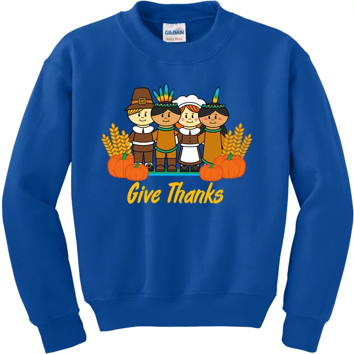 Give Thanks Pilgrim Indian Pumpkin Thanksgiving Celebration Meaningful Gift Kids Sweatshirt