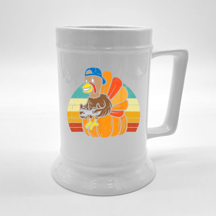 Gamer Turkey Pumpkin Retro Thanksgiving Video Games Cool Gift Front & Back Beer Stein