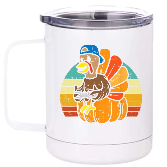 Gamer Turkey Pumpkin Retro Thanksgiving Video Games Cool Gift Front & Back 12oz Stainless Steel Tumbler Cup