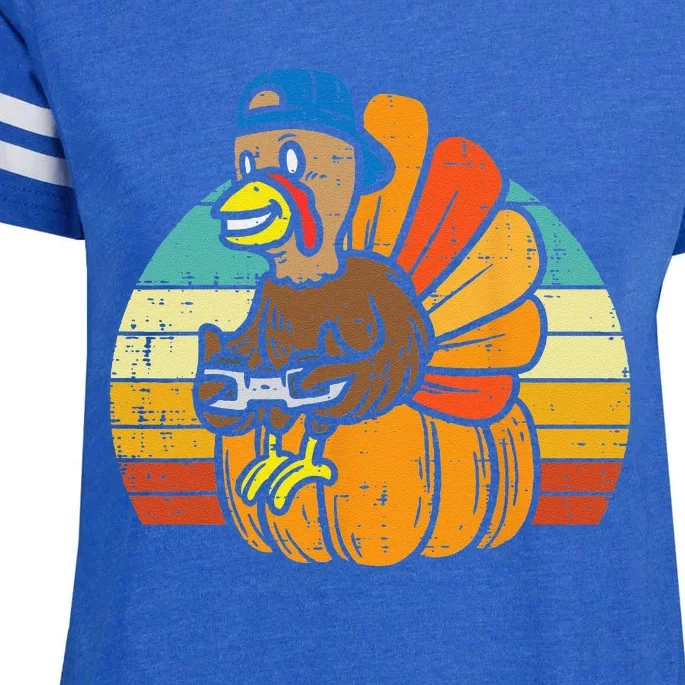 Gamer Turkey Pumpkin Retro Thanksgiving Video Games Funny Enza Ladies Jersey Football T-Shirt