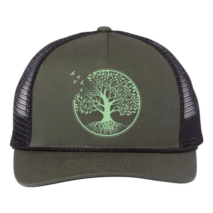 Green Tree Roots And Birds Emblem Nature Lover Retro Rope Trucker Hat Cap