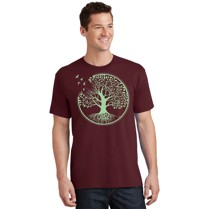 Green Tree Roots And Birds Emblem Nature Lover T-Shirt