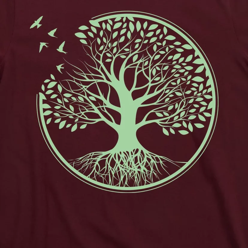 Green Tree Roots And Birds Emblem Nature Lover T-Shirt