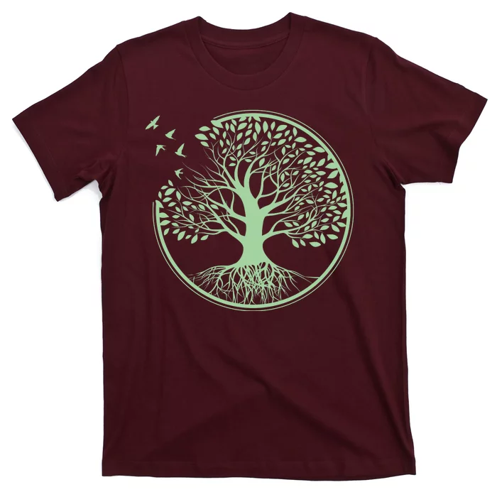 Green Tree Roots And Birds Emblem Nature Lover T-Shirt