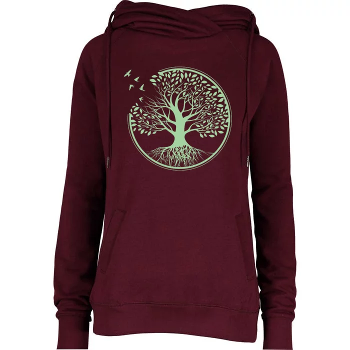 Green Tree Roots And Birds Emblem Nature Lover Womens Funnel Neck Pullover Hood