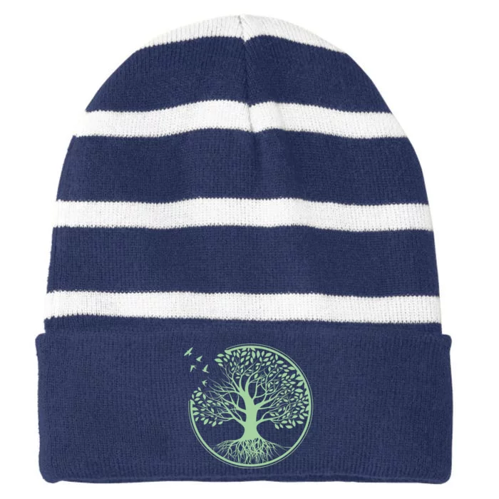 Green Tree Roots And Birds Emblem Nature Lover Striped Beanie with Solid Band