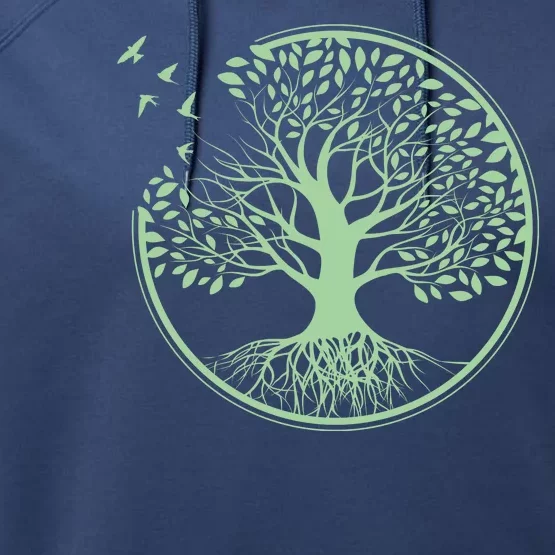 Green Tree Roots And Birds Emblem Nature Lover Performance Fleece Hoodie