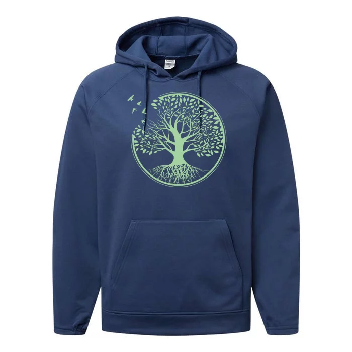 Green Tree Roots And Birds Emblem Nature Lover Performance Fleece Hoodie