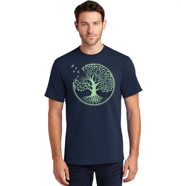 Green Tree Roots And Birds Emblem Nature Lover Tall T-Shirt