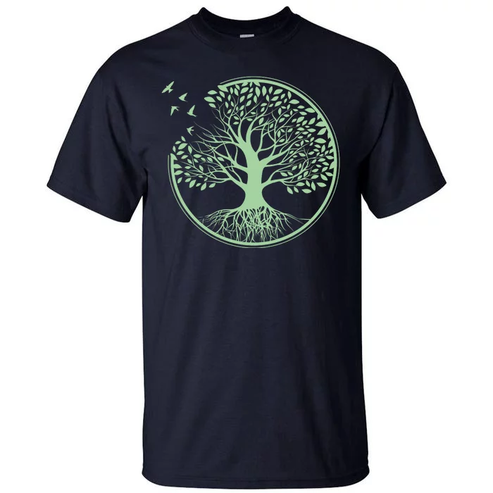 Green Tree Roots And Birds Emblem Nature Lover Tall T-Shirt