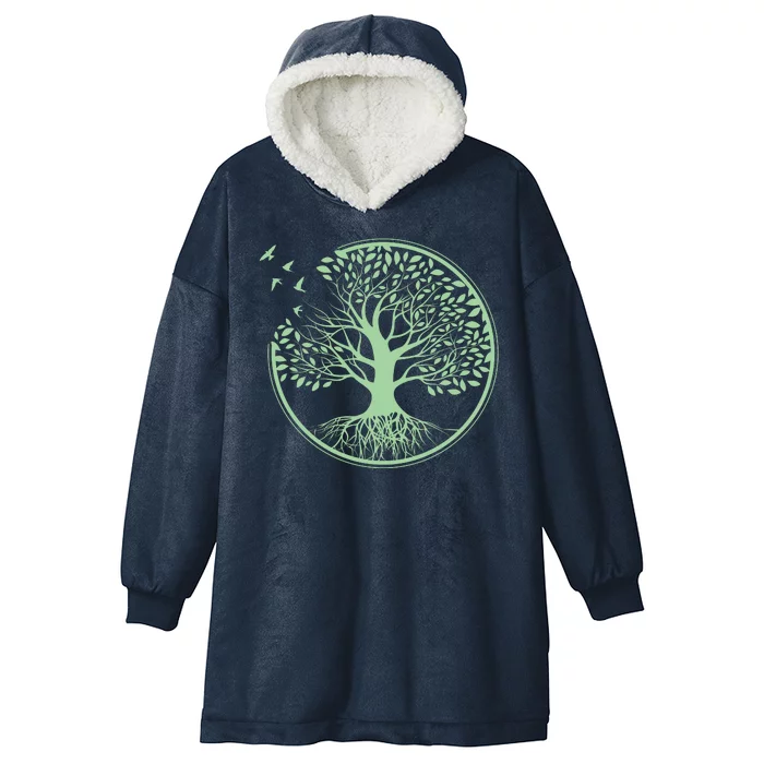 Green Tree Roots And Birds Emblem Nature Lover Hooded Wearable Blanket