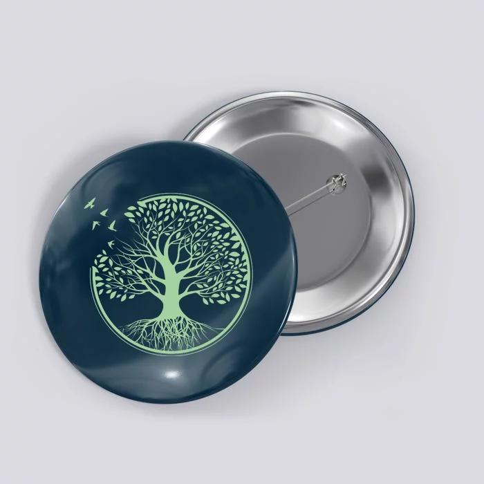 Green Tree Roots And Birds Emblem Nature Lover Button