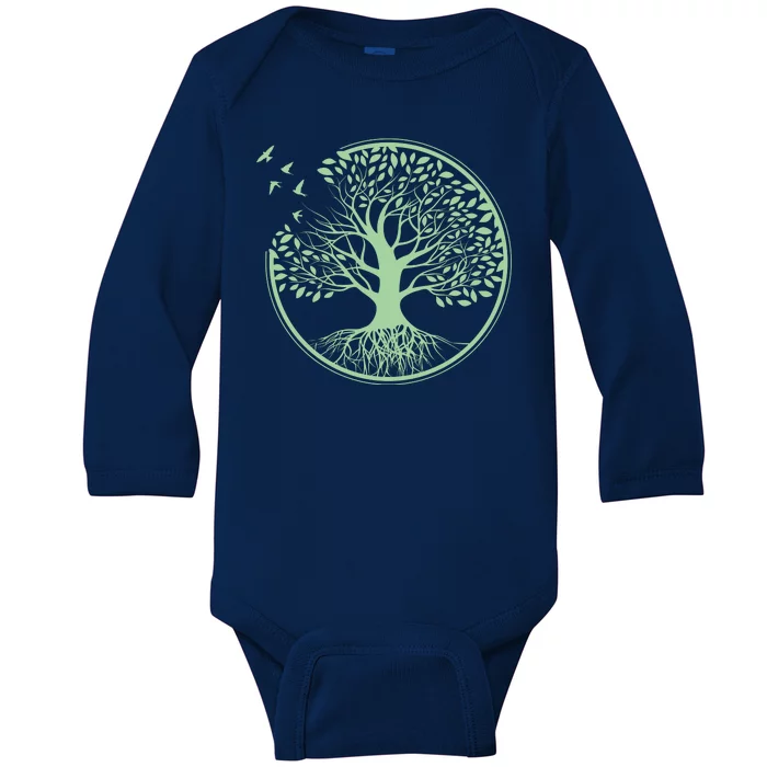 Green Tree Roots And Birds Emblem Nature Lover Baby Long Sleeve Bodysuit