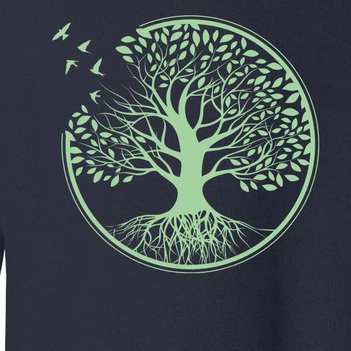 Green Tree Roots And Birds Emblem Nature Lover Toddler Sweatshirt