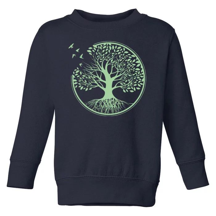 Green Tree Roots And Birds Emblem Nature Lover Toddler Sweatshirt