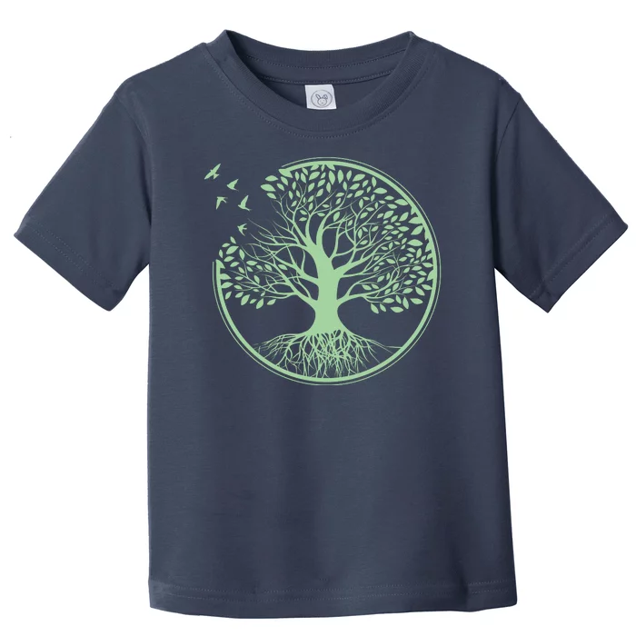 Green Tree Roots And Birds Emblem Nature Lover Toddler T-Shirt