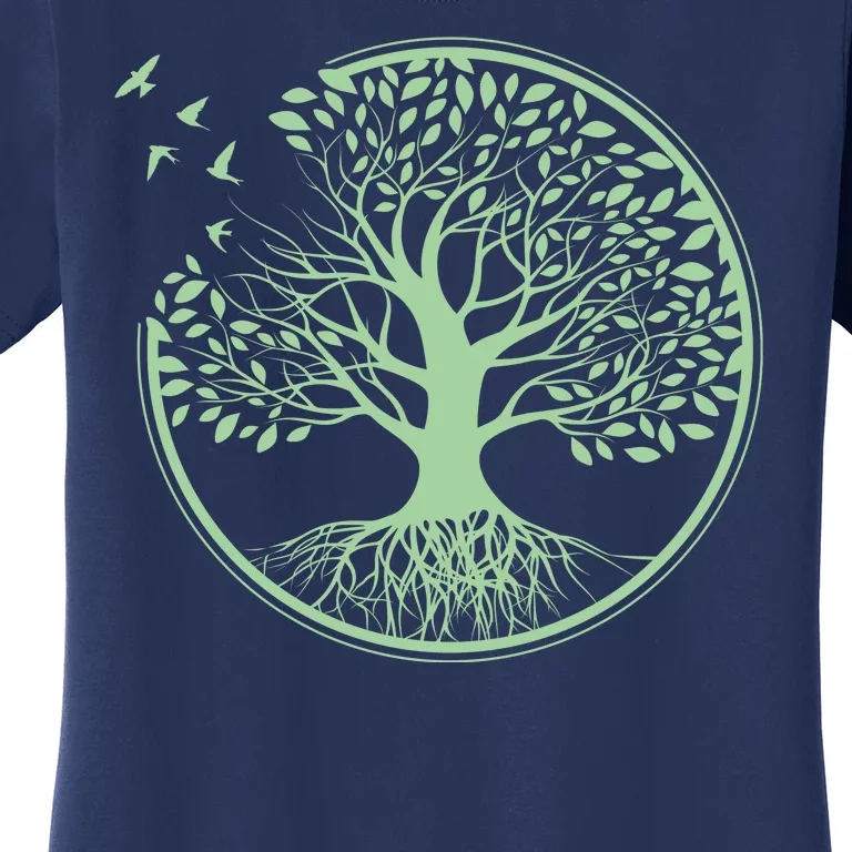 Green Tree Roots And Birds Emblem Nature Lover Women's T-Shirt