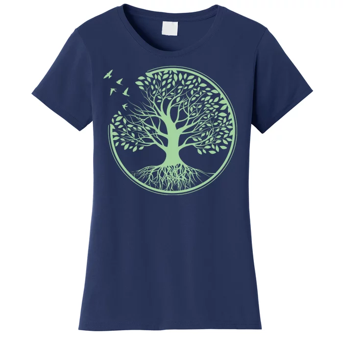 Green Tree Roots And Birds Emblem Nature Lover Women's T-Shirt