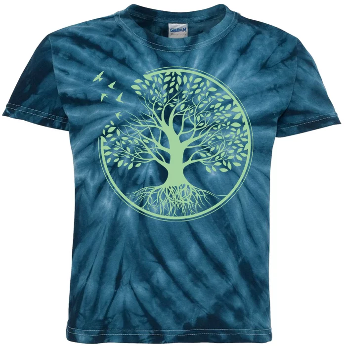 Green Tree Roots And Birds Emblem Nature Lover Kids Tie-Dye T-Shirt