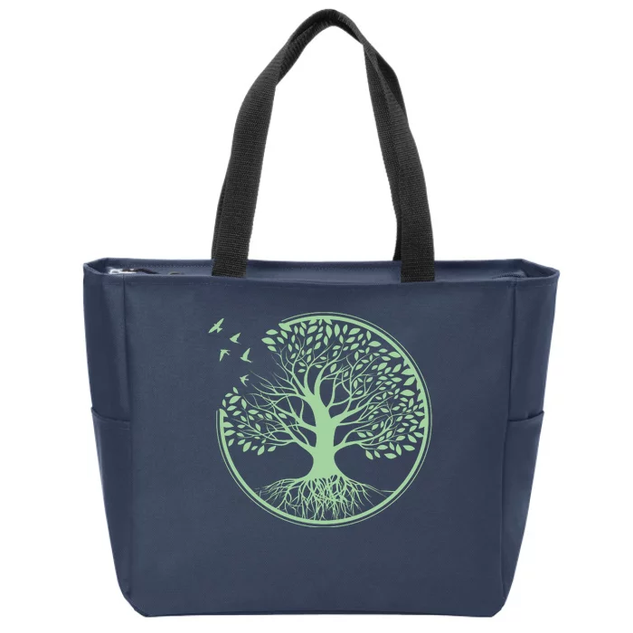 Green Tree Roots And Birds Emblem Nature Lover Zip Tote Bag