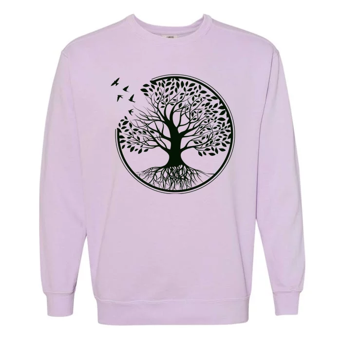 Green Tree Roots And Birds Emblem Nature Lover Garment-Dyed Sweatshirt