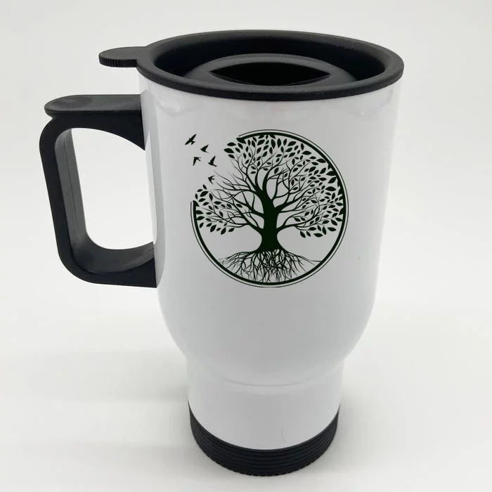 Green Tree Roots And Birds Emblem Nature Lover Front & Back Stainless Steel Travel Mug